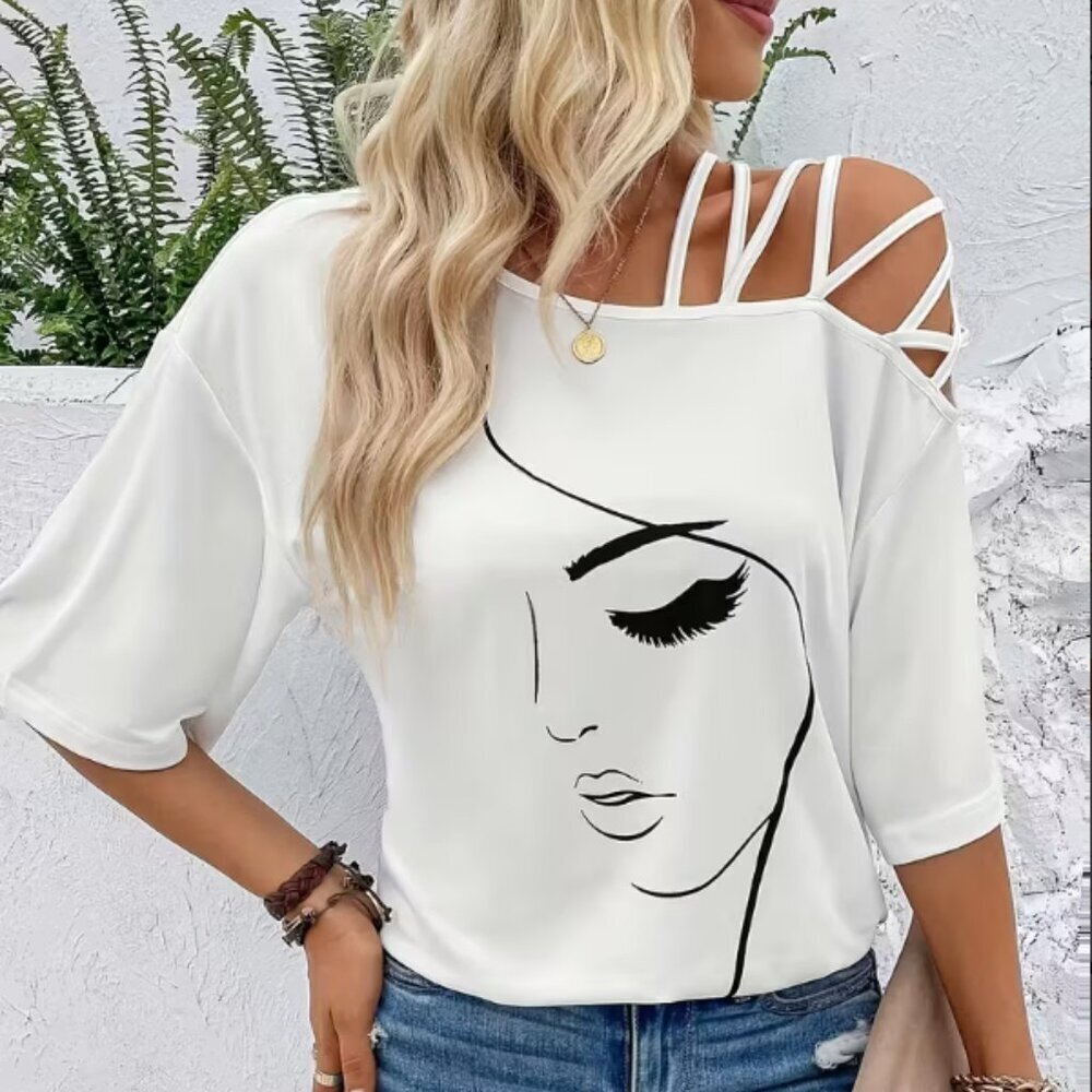 NWOT Off-Shoulder T-Shirt Dress –Cross Strap, Boat Neck, H-Line Silhouette White